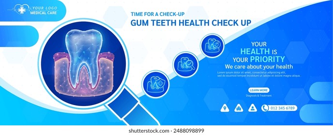 Medical health care check up. Gum teeth human in magnifying glass frame. Stethoscope examining organ icon. Template design background banner for medical ads social media editable. Vector.