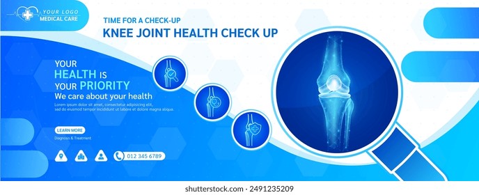 Chequeo médico. Articulación de la rodilla humana en marco de lupa. Estetoscopio examinando el icono del órgano. Anuncio de fondo de diseño de Plantilla para anuncios médicos editable en redes sociales. Vector.