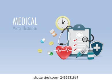 Medical and health care checkup. Check list with clock, stethoscope, medicine and medical elements. Remind for medical service and examination time. 3D vector. 