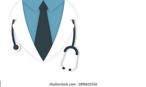 Medical and health care concept background. Doctor in lab coat with stethoscope on white background, space for text. Vector