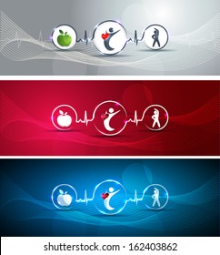 Medical health care concept illustration set. Human with healthy heart. Healthy food and fitness leads to healthy heart and life. Symbols connected with heart rate monitoring line.