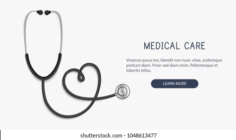 Concepto médico y de atención de la salud, estetoscopio, forma cardiaca.Vector