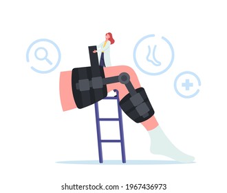 Medical Health Care Concept. Tiny Orthopedist Doctor Character Install Bandage Brace at Huge Leg with Bones Fracture. Patient Treatment in Orthopedics Hospital or Clinic. Cartoon Vector Illustration