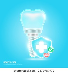 Medical health care. Dental implant and symbol cross in blue shield glass and red heart pulse line with check mark green button. Life health insurance concept. Medical service. Vector EPS10.