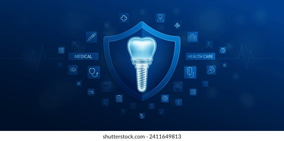 Atención médica. Implante dental dentro del escudo y herramientas de equipo médico. Icono médico, cruz de símbolo, jeringa de estetoscopio y fármaco. Proteger el órgano humano sano. Vector de banner de anuncios.