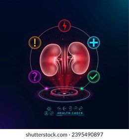 Medical health care. Examine kidney functions to diagnose disorder. Health check organ in form scan virtual interface hologram. With icons question exclamation check mark, thunder and cross. Vector.