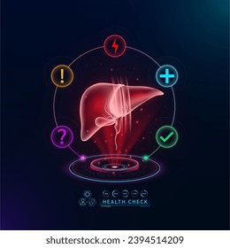 Medical health care. Examine liver functions to diagnose disorder. Health check organ in form scan virtual interface hologram. With icons question exclamation check mark, thunder and cross. Vector.