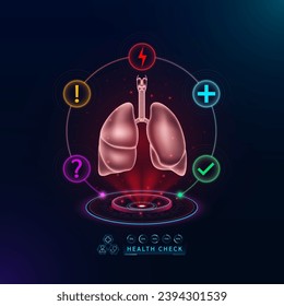 Medical health care. Examine lung functions to diagnose disorder. Health check organ in form scan virtual interface hologram. With icons question exclamation check mark, thunder and cross. Vector.