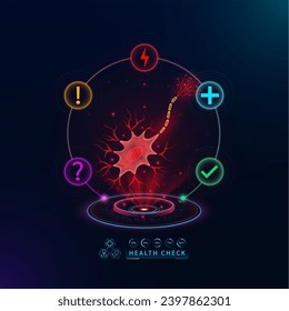 Medical health care. Examine nerve cell functions to diagnose disorder. Health check organ in form scan virtual interface hologram. With icon question exclamation check mark, thunder and cross. Vector