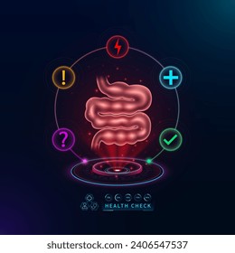 Medical health care. Examine small intestine functions to diagnose disorder. Health check organ in form scan virtual interface hologram. cons question exclamation check mark, thunder