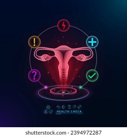 Medizinische Gesundheitsversorgung. Untersuchen Sie die Uterusfunktionen, um eine Störung zu diagnostizieren. Health Check Orgel in Form Scan virtuelle Schnittstelle Hologramm. Mit den Symbolen Frage Ausrufezeichen, Donner und Kreuz. Vektorgrafik.