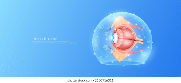 Medical health care. Eyeball organ human model in dome transparent shield protection with medical network icons. Technology innovation digital for health. Banner vector.