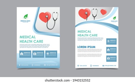 Medical health care flyer brochure template design, flyer template of medical care with white background for text, space for picture and blue wavy lines decoration. vector illustration 