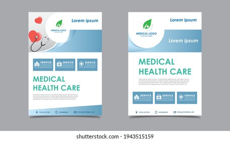 Medical health care flyer brochure template design, flyer template of medical care with white background for text, space for picture and blue wavy lines decoration. vector illustration 