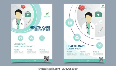 Medical health care flyer brochure template design, flyer template of medical care with white background for text, space for picture and blue wavy lines decoration. vector illustration 