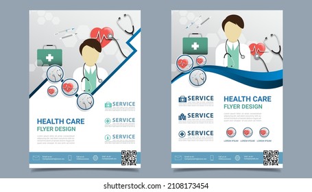 Medical Health Care Flyer Brochure Template Design, Flyer Template Of Medical Care With White Background For Text, Space For Picture And Blue Wavy Lines Decoration. Vector Illustration 