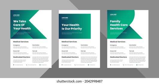 Medical Health Care Flyer Design Template Bundle. Health Care Poster Leaflet Design. Bundle, 3 In 1, A4 Template, Brochure Design, Cover, Flyer, Poster, Print-ready