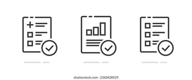 Medical health care form report results icon line vector simple graphic, exam test diagnosis complete check mark review assessment, audit standard research pictogram, quality analysis doc image set