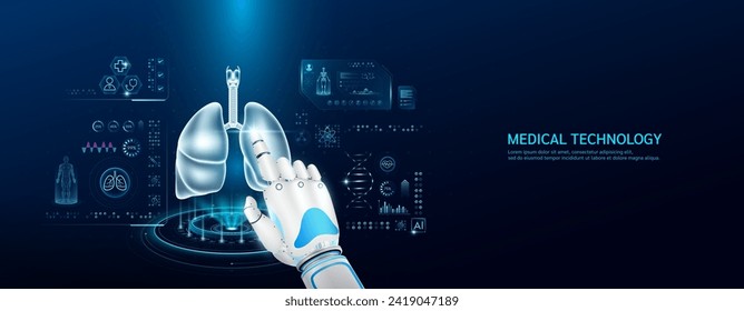 Medizinische Gesundheitsversorgung mit futuristischer Technologie. Roboter-Zeigefinger berührt menschliche Lunge. Orgel-Röntgen-Untersuchung und Scan-virtuelle Simulation Schnittstelle Hologramm. Banner, Vektor EPS10.