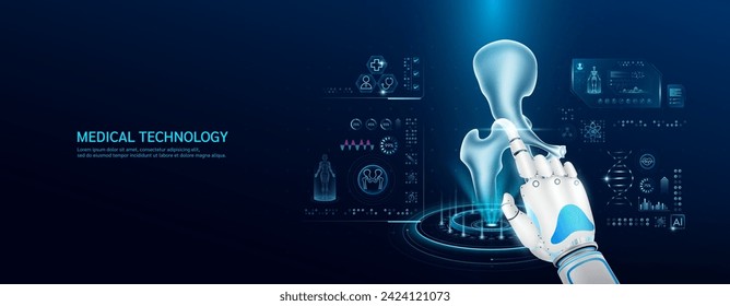 Medical health care with futuristic technology. Robot index finger is touching a human hip joint. Organ X ray examination and scan virtual simulation interface hologram. Banner vector EPS10.