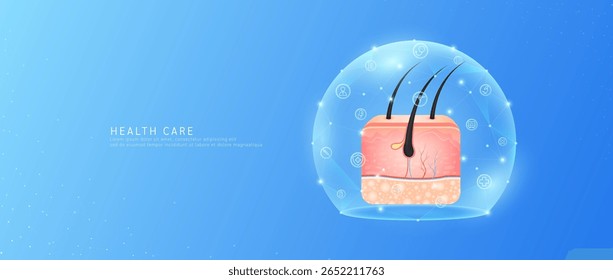 Medical health care. Hair skin cell human model in dome transparent shield protection with medical network icons. Technology innovation digital for health. Banner vector.