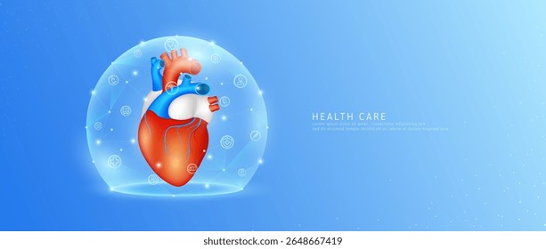 Medical health care. Heart organ human model in dome transparent shield protection with medical network icons. Technology innovation digital for health. Banner vector.