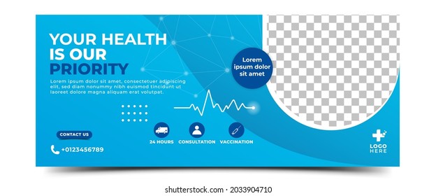 Medical Health Care Horizontal Banner Cover Header Design. Modern Banner With Blue Color Background And Place For The Photo.