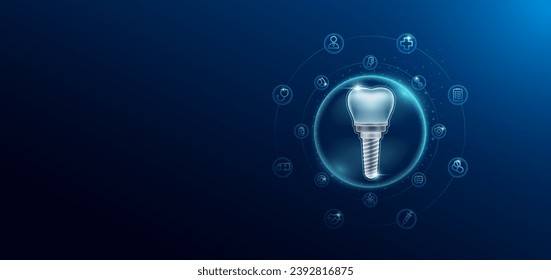 Atención médica. Implante dental humano en burbujas transparentes rodean con ícono médico. Innovación tecnológica órgano holograma de salud sobre fondo azul oscuro. Espacio vacío para texto. Vector.