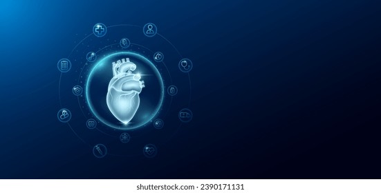 Medical health care. Human heart in transparent bubbles surround with medical icon. Technology innovation healthcare hologram organ on dark blue background. Banner empty space for text. Vector.