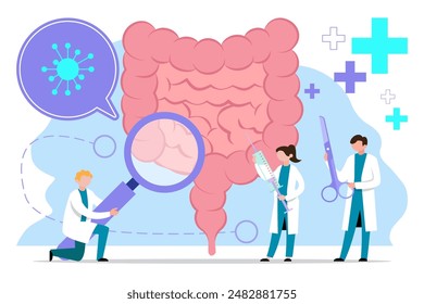 Medizinische Gesundheitsfürsorge. Vektorgrafik des menschlichen Darms. Ärzte überprüfen und behandeln den Darm. Gesundheitsversorgung und Behandlung des Verdauungssystems. Moderne Verfahren Intestinal Inner Organs Disease Treatment Design.