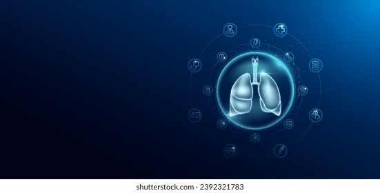 Medical health care. Human lung in transparent bubbles surround with medical icon. Technology innovation healthcare hologram organ on dark blue background. Banner empty space for text. Vector.