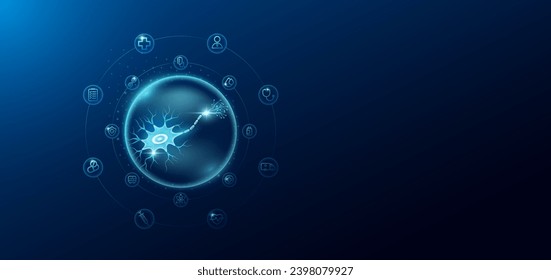 Medical health care. Human nerve cell in transparent bubbles surround with medical icon. Technology innovation healthcare hologram organ on dark blue background. Banner empty space for text. Vector.