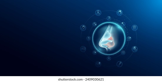 Medical health care. Human nose in transparent bubbles surround with medical icon. Technology innovation healthcare hologram organ on dark blue background. Banner empty space for text. Vector.