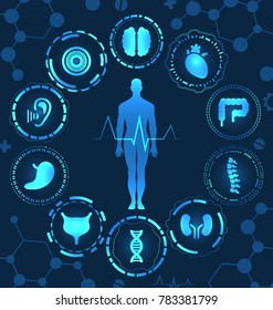 Medical Health Care, Human Organs, Virtual Body Hi Tech Diagnostic Panel, Medicine, Clinic Researchers - Illustration Vector