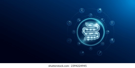 Medizinische Gesundheitsversorgung. Der Dünndarm des Menschen in transparenten Bläschen umgibt das medizinische Symbol. Technologie Innovation Gesundheitsfürsorge Hologramm Organ. Banner leeren Platz für Text. Vektorgrafik.