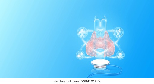 Medical health care. Human thyroid gland anatomy float on stethoscope with medical icons radius ring surrounds. Internal organs translucent white and copy space for text. 3D Vector EPS10.