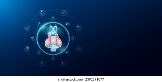 Medical health care. Human thyroid gland in transparent bubbles surround with medical icon. Technology innovation healthcare hologram organ on dark blue background. Banner empty space for text. Vector