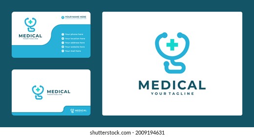 Medical Health Care Icon With Stethoscope And Cross Plus Logo Design With Business Card