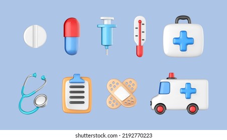 Medical and health care icons set. Medical equipment in 3d cartoon style. Online healthcare concept. Vector 3D illustration
