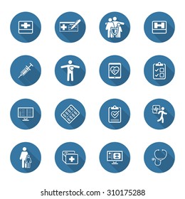 Medical and Health Care Icons Set. Flat Design. Isolated. Long Shadow.