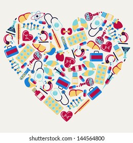 Medical and health care icons in the shape of heart.