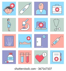 Medical and health care icons, thin line flat design