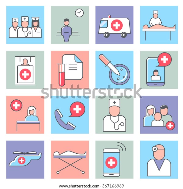 Medical and\
health care icons, thin line flat\
design