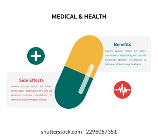 Medical and Health care infographic concept. Slide presentation template. Capsule, medicine, health care and pharmacy design.