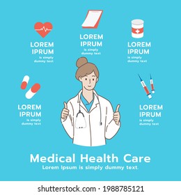 Medical health care infographic with doctor character and medical supply. Healthcare and medical concept. Hand draw style. Vector illustration.
