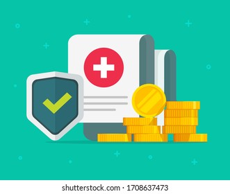 Medical Health Care Insurance Form Protection Or Medicare Healthcare Document Risk Claim Coverage With Shield And Money Vector Flat Cartoon, Pharmacy Life Allowance Policy Or Financial Concept Design