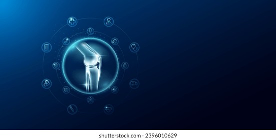 Atención médica. El hueso de la articulación de la rodilla en burbujas transparentes rodea el icono médico. Innovación tecnológica órgano holograma de salud sobre fondo azul oscuro. Espacio vacío en la pancarta para el texto. Vector.