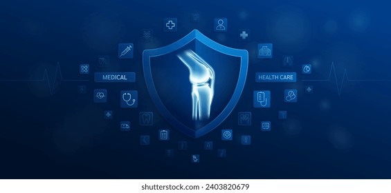 Medical health care. Knee joint bone inside shield and medical equipment tools. Doctor icon, symbol cross, stethoscope syringe and drug. Protect treat human organ healthy. Ads banner vector.