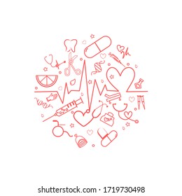 Medical health care line icons circular shaped. Medical icons symbols in circle pattern. Modern vector illustration of laboratory equipment for web page template, print media, banner, background. 