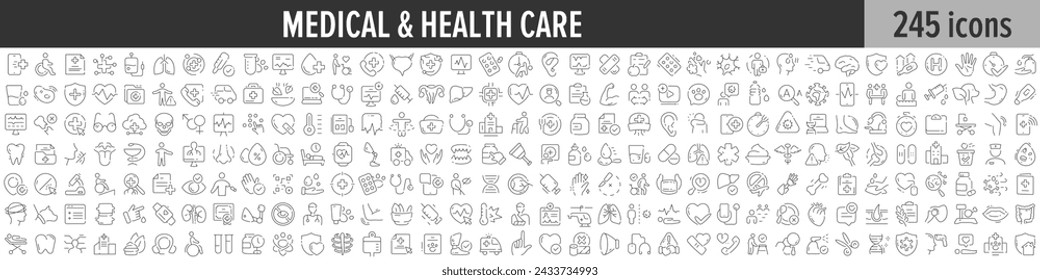 Medical and Health Care linear icon collection. Big set of 245 Medical and Health Care icons. Thin line icons collection. Vector illustration